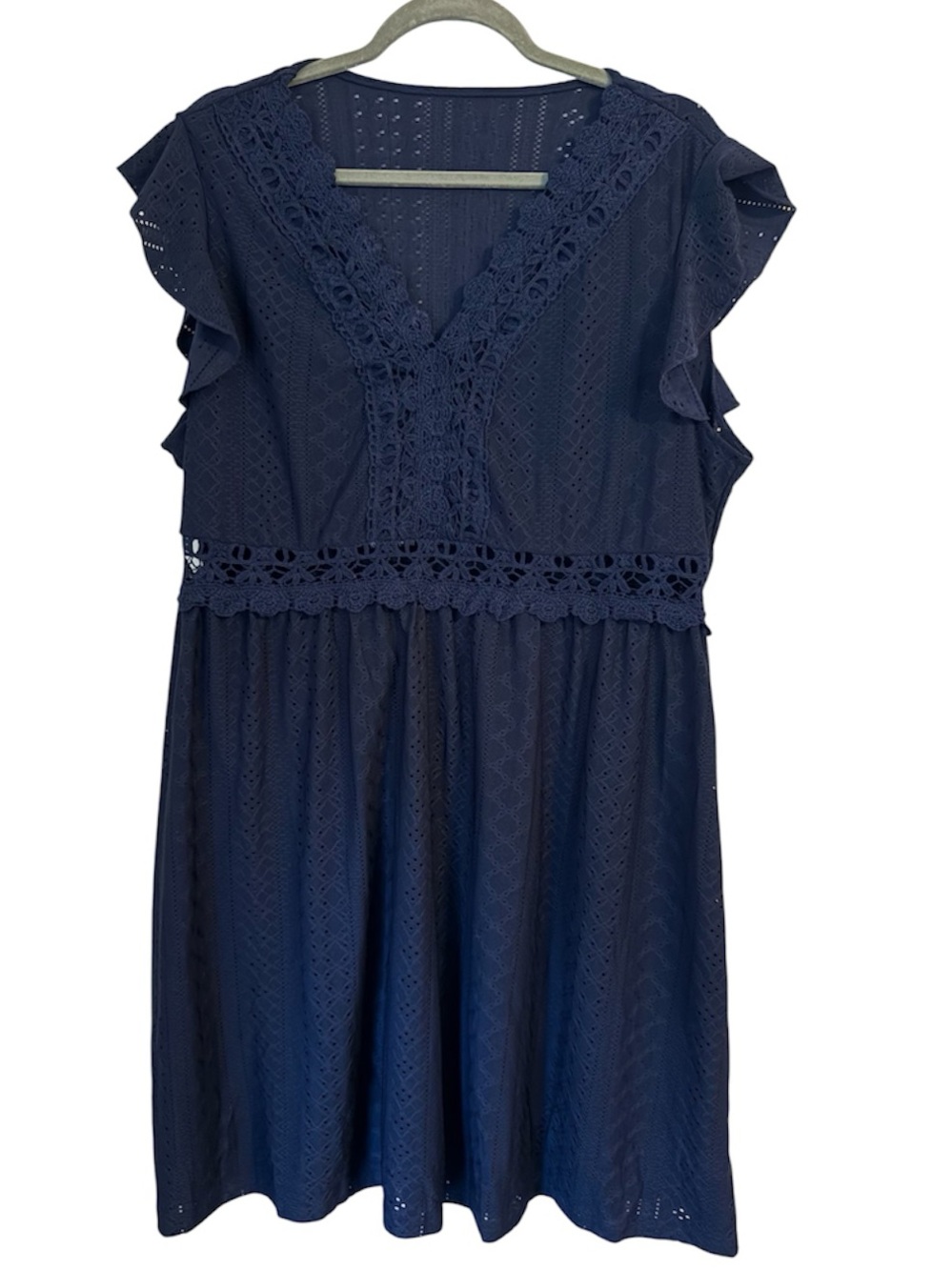 Summer Dress Navy Eyelet Lace V-Neck Flutter Sleeve Dress Plus Size 1x